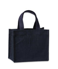A square, dark blue tote bag called "Bags," made of textured fabric with short handles, is displayed on a white background.