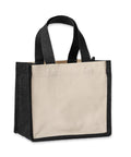 A "Bags" reusable tote features black handles and sides with beige front and back panels, shown upright on a white background.
