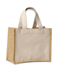 Bags: A rectangular tote with beige fabric front and back, tan hessian sides, and two sturdy beige handles. Photographed against a white background.
