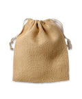A compact light brown hessian bag drawstring pouch with white cords, photographed from above on a white background. The bag is closed at the top as the cords are tightly pulled.