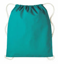 RL300, a teal drawstring backpack with white cords from Nutshell, lying flat against a white background.