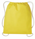 A vibrant yellow RL300 drawstring backpack from Nutshell, featuring white cords, displayed against a plain white background. The bag boasts a simple and minimalistic design.