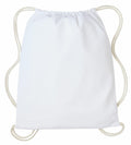 The Nutshell RL300, a plain white drawstring backpack featuring beige cords, is showcased against a white background. This minimalist bag has a clean, smooth surface and is subtly gathered at the top by its drawstring closure.