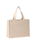 Bags: A beige rectangular canvas tote bag with two sturdy handles, standing upright against a white background.