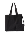 The image shows "Bags": a plain black fabric tote with two handles standing upright, paired with a matching black zipped pouch attached by a small strap. The background is white.