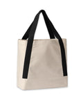A plain beige canvas bag from Bags with long, sturdy black handles is shown against a white background. It has a simple rectangular shape and no visible logos or decorations.