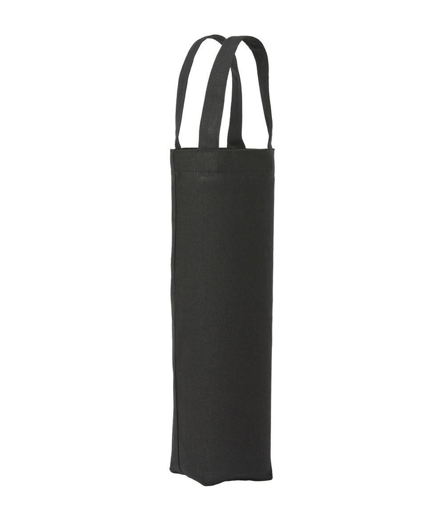 The Bags product is a plain black fabric tote with two handles, featuring a tall and narrow shape ideal for carrying a bottle. It stands upright and is shown against a white background.