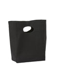 Bags: A black, rectangular fabric tote bag with a flat base and oval cut-out handles at the top. The empty bag stands upright against a white background.