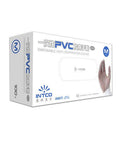 Box of RV10X disposable vinyl examination gloves, size M, featuring a blue and white design with an image of a hand, by Result Essential Hygiene PPE.