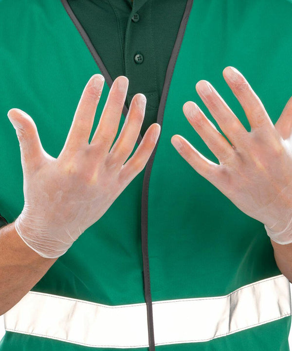 Person wearing a green shirt with a reflective stripe shows both hands wearing transparent Result RV10X gloves.