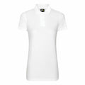 A classic women's polo shirt in plain white from ProRTX, featuring short sleeves, a small collar, and a three-button placket, displayed against a white background. The inside collar displays the label "RX01F.