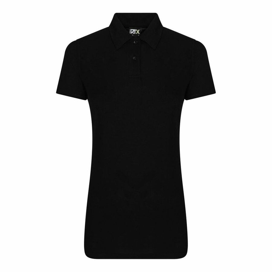RX05F by ProRTX is a black short-sleeve polo shirt featuring a buttoned collar, shown against a white background.