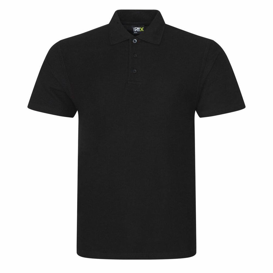 A ProRTX RX101 polo shirt in black, featuring a collar and short sleeves, is displayed against a white background.
