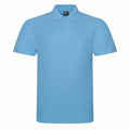 The RX101 by ProRTX is a light blue polo shirt featuring short sleeves and a three-button placket, showcased against a white background.
