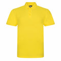 The RX101 polo shirt by ProRTX is a plain yellow design with short sleeves, a collar, and a three-button placket, set against a white background.