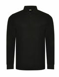 The RX102 by ProRTX is a black polo shirt featuring long sleeves, a collar, and three buttons on the front.