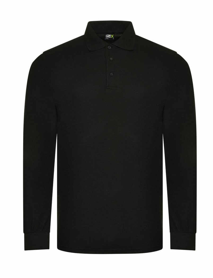 The RX102 by ProRTX is a black polo shirt featuring long sleeves, a collar, and three buttons on the front.