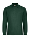 ProRTX RX102 dark green long-sleeve polo shirt featuring a three-button placket, flat collar, and ribbed cuffs.