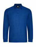 Introducing the ProRTX RX102: This plain blue long-sleeve polo shirt features a three-button placket and a classic collar. It is designed with ribbed cuffs and offers a simple, clean appearance against a white background.