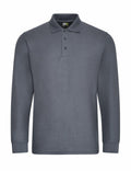 The RX102 by ProRTX is a gray long-sleeve polo shirt featuring a three-button placket and a collar. Crafted from soft, comfortable fabric, it is ideal for both casual and semi-formal occasions.