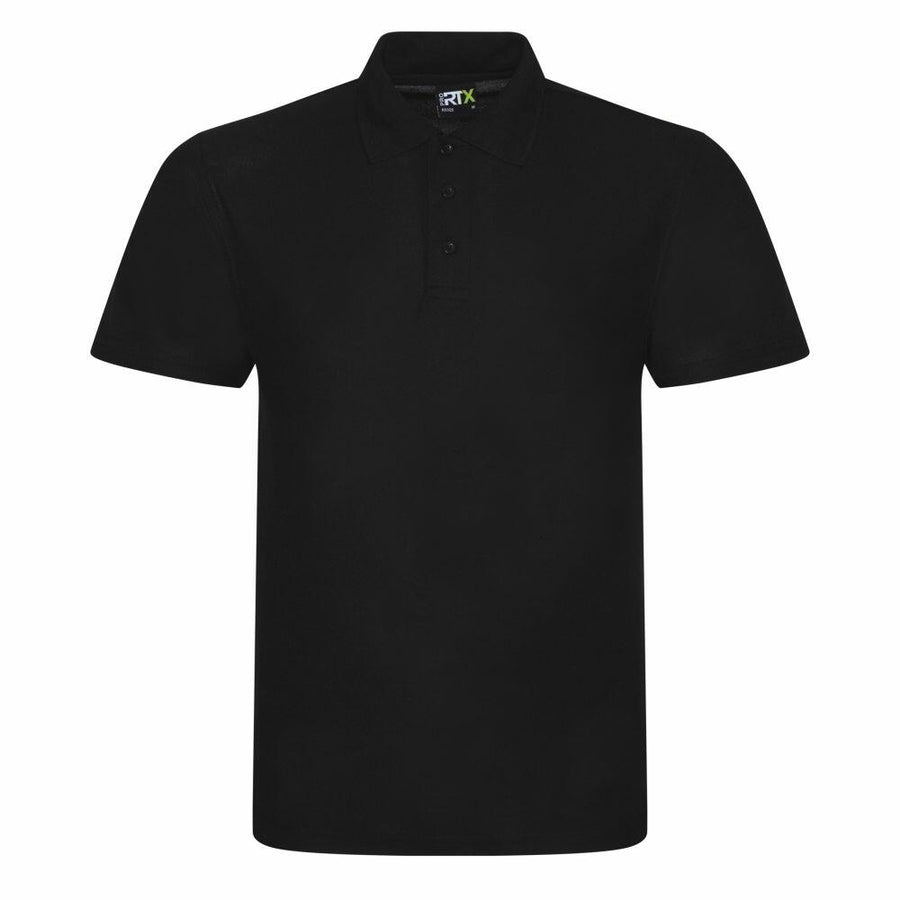 The RX105 by ProRTX is a black short-sleeve polo shirt featuring a collar and three buttons.