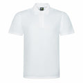 A plain white polo shirt from the front, featuring short sleeves and a collar. The shirt, known as RX105 by ProRTX, has three buttons on the placket and a black and green tag inside the collar.