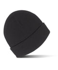 The Beanies product is shown in plain black knit with a folded brim, isolated on a white background. The beanie is slightly angled to the right, highlighting its visible texture.