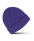 A plain purple knitted beanie hat with a turned-up brim, shown on a white background with a subtle shadow beneath.