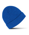 A blue Beanies knitted beanie with a turned-up cuff is displayed on a white background, angled slightly with a shadow beneath.