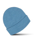 A light blue beanie knit hat with a folded cuff, displayed on a plain white background with a slight shadow underneath.