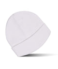 A Beanies knitted hat in plain white with a folded brim is shown on a white background, slightly angled to the right.