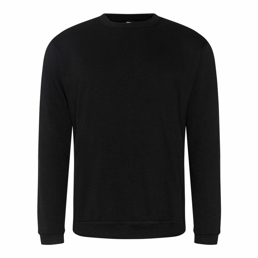 RX301 by ProRTX is a black crew neck sweatshirt featuring long sleeves, set against a white background.