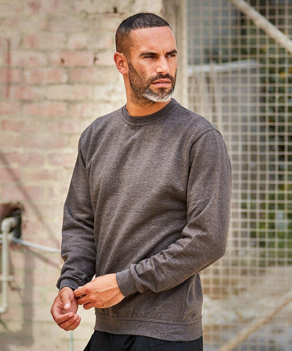 A man with short hair and a beard stands outdoors wearing a grey ProRTX RX301 sweatshirt, with a brick wall and a metal fence in the background.