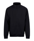 Sweatshirts: A plain black zip-up sweatshirt featuring a high collar, long sleeves, and ribbed cuffs and hem, shown against a white background.
