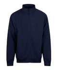 A navy blue zip-up jumper with a high collar, long sleeves, and ribbed cuffs and waistband is shown against a white background.