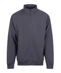 A dark grey, plain long-sleeve zip-up sweatshirt with a stand-up collar, ribbed cuffs and waistband, shown on a white background.