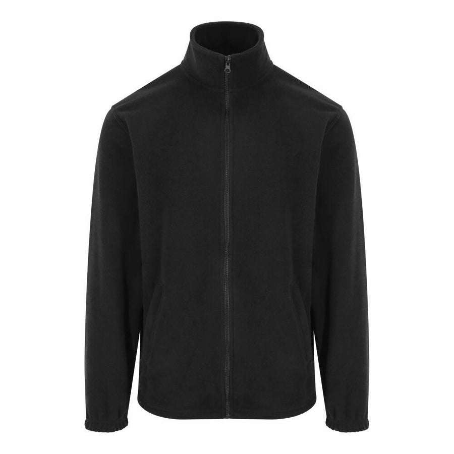 The RX402 by ProRTX is a black zip-up fleece jacket featuring long sleeves, a high collar, and two side pockets.
