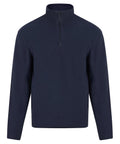 A navy blue fleece pullover with long sleeves, a high collar, and a quarter-zip fastening is shown on a white background.