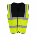 The RX700 by ProRTX is a bright yellow safety vest, featuring gray reflective stripes across the chest and waist, a black interior lining, and a sleeveless design.