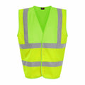 The RX700 by ProRTX is a bright yellow safety vest featuring reflective gray stripes across the front and shoulders, prioritizing visibility and safety.