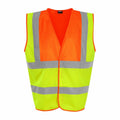 Introducing the ProRTX RX700, a vibrant yellow and orange safety vest featuring reflective silver stripes. This sleeveless vest boasts an open front design for enhanced safety and convenience.