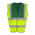 The RX700 by ProRTX is a high-visibility safety vest made with green and yellow fabric. It features silver reflective stripes on the front, arranged both horizontally and vertically. The vest has a sleeveless design with a V-neck style.
