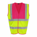 The RX700 from ProRTX is a sleeveless safety vest in pink and yellow, featuring horizontal and vertical reflective silver stripes for enhanced visibility. It has an open-front design.