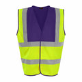 The RX700 by ProRTX is a high-visibility safety vest in purple and yellow neon colors, featuring reflective silver stripes.