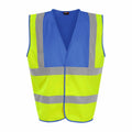 Introducing the RX700 by ProRTX: a high-visibility safety vest featuring reflective silver stripes. This sleeveless vest boasts a blue top half and bright yellow-green bottom half, with an open front design to enhance visibility in low-light conditions.