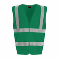 The RX700 by ProRTX is a green safety vest adorned with silver reflective stripes on the front. Its design includes vertical and horizontal stripes for enhanced visibility, and it features a front with no visible fastening or logo.
