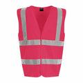 The RX700 by ProRTX is a sleeveless, collarless high-visibility vest in bright pink, featuring silver reflective stripes across the front and back.