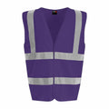 The RX700 by ProRTX is a high-visibility safety vest in purple, featuring two vertical and two horizontal reflective silver stripes.