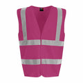 The RX700 by ProRTX is a pink safety vest that boasts two vertical and two horizontal reflective stripes and features an open front design.