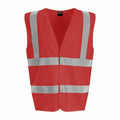 The RX700 by ProRTX is a sleeveless high-visibility vest in red, featuring reflective silver stripes that run across the chest and over the shoulders.